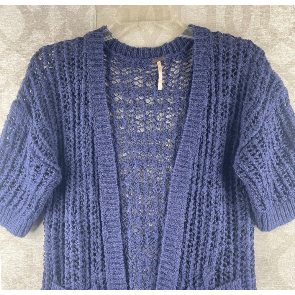 Free People Open Front Cardigan Womens XS Navy Blue Short Sleeve Crochet Knit